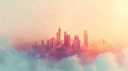 Fototapeta premium A tranquil scene depicting a small city emerging from a misty, pale background, bathed in pastel hues. The serene atmosphere evokes a sense of calm and tranquility, inviting viewers to immerse them