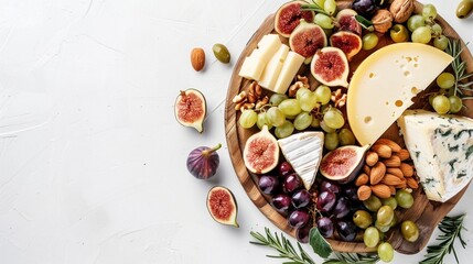 Cheese platter with different cheese and grapes, nuts, olive, figs on a white background with copy...