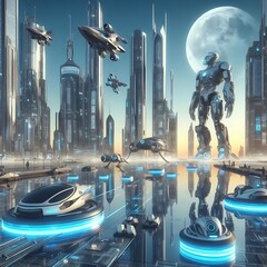 Futuristic sci-fi city with a lot of spaceship and flying saucers