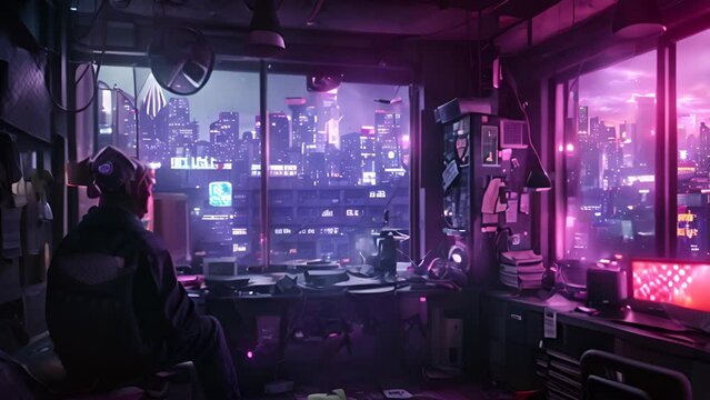 Futuristic Cyberpunk Hacker Workspace with Ai generated.
