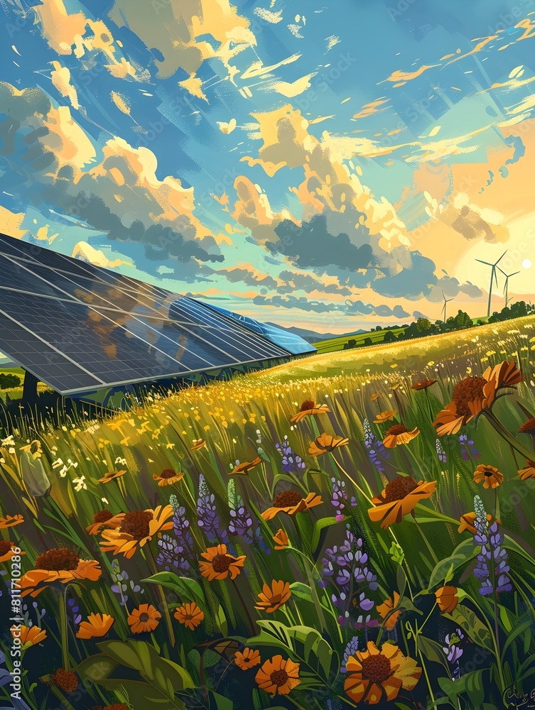 Poster futurist serene solar array in vibrant wildflower field and wind turbine backdrop
