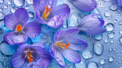 Blue crocuses in delicate water droplets  spring blooms against a backdrop of raindrop patterns