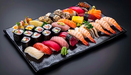 A tray of sushi with various types of fish.