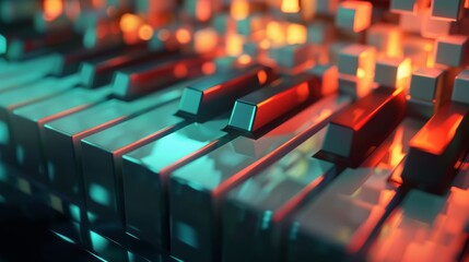 Fototapeta premium Close-up of a synthesizer with glowing orange and blue keys.