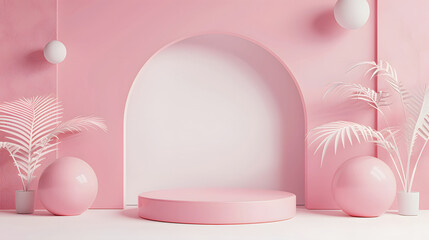 Realistic product podium 3d. Empty podium pedestal display pink pastel background with cylinder stand,abstract blank product shelf standing backdrop. front view focus ideal luxury sleek pedestal.