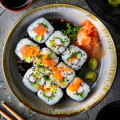 A plate of sushi with salmon and cucumber.