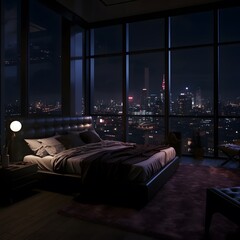 High bedroom overlooking the city with large windows. Cozy dark penthouse bedroom interior. Generative AI.