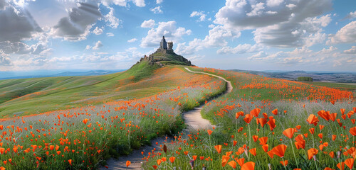 Journey of remembrance marked by a poppy-lined path  a military monument on Memorial Day.