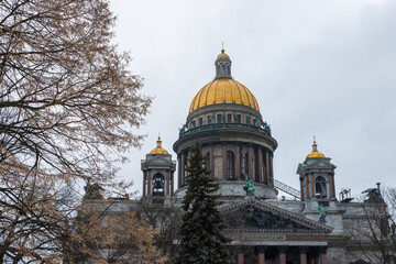 Bottom-up view of the golden dome on the roof of the cathedral. Saint Isaac Cathedral in the city...