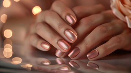 Fashionable Woman's Hand adorned with UV Gel Nails in Rose Gold