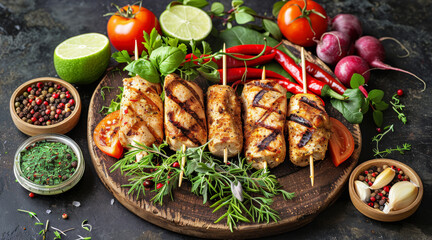 Grilled Chicken kebabs with fresh vegetables