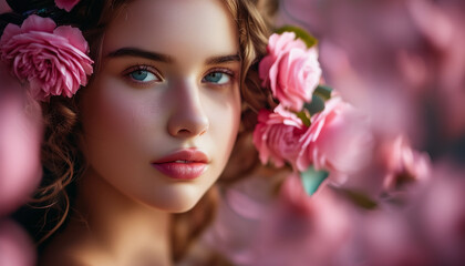 Naklejka premium Portrait of a young woman adorned with pink flowers in her hair and background 