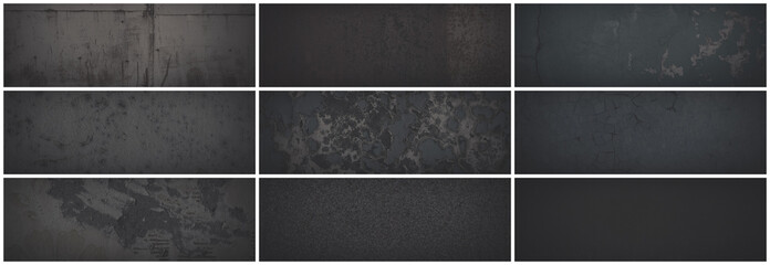 Set of dark panoramic background textures. Collection of wide textures with peeling paint, cracks,...