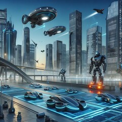 Futuristic sci-fi city with spaceship and flying saucers