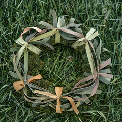Eco-friendly organic ribbon wreath in a grass setting  a green Memorial Day.