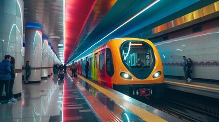 A futuristic orange train stops at a vibrant subway station, where the colorful, illuminated platform reflects the lights overhead.