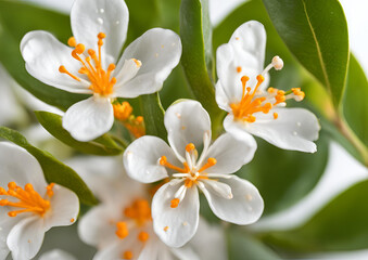 A Macro Exploration of the Transparent Bunch of Orange Tree Flowers, Revealing the Exquisite Neroli Blossom of the White Citrus Tree.