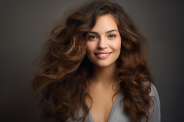 portrait of a young beautiful woman with long curly hair, close-up face, on a dark background, studio beauty photo, style and fashion