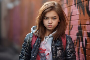 portrait of a young beautiful girl on the background of a brick wall with graffiti, modern style and fashion, lifestyle