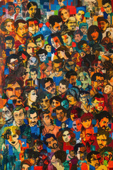Fototapeta premium A detailed painting featuring a diverse group of individuals with unique facial features, expressions, and characteristics
