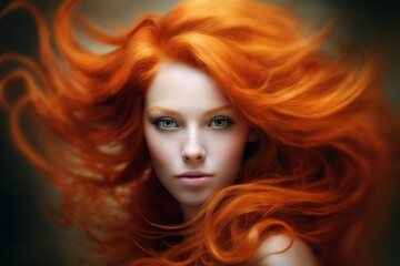 portrait of a young beautiful woman with long red hair, close-up face, on a dark background, studio beauty photo, style and fashion