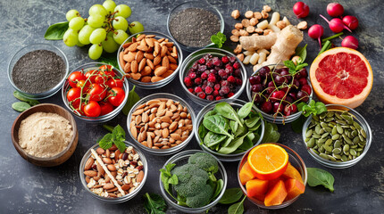 Healthy food selection with fruits, vegetables, seeds, superfood, cereals on gray background 