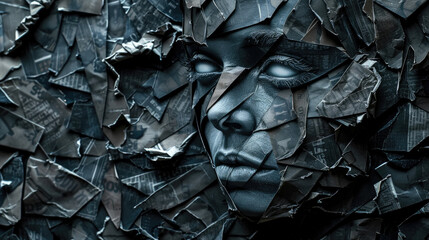 A womans face meticulously crafted from various pieces of paper, forming features like eyes, nose, and lips