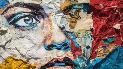 Detailed close-up of a painting depicting a womans face, showcasing intricate brushstrokes and expressions