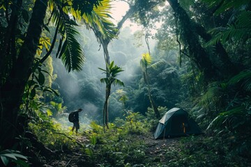 Lifestyle of explorers camping in a  tropical rainforest, Illustration of a cozy tent and a campfire dense rainforest exotic flora tropical paradise, Ai generated
