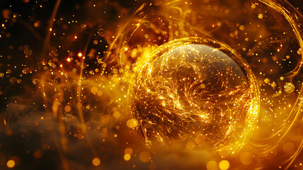 Obraz premium A golden ball with flames and smoke.