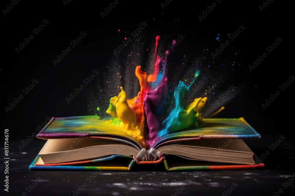 Poster an open book with vibrant paint splattering and splashing out of its pages, creating a colorful and 