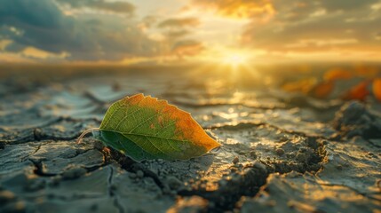 Climate change metaphor  burning leaf on dry earth vs green leaf by river under clear sky