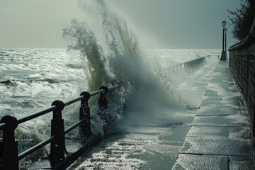 ocean waves crashing against a seaside promenade
