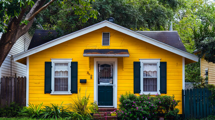 A small yellow house with green shutters.