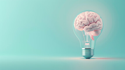 3D colorful Creative Idea with Brain and Light Bulb , on light blue background 