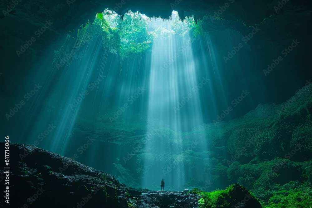 Poster a person stands tiny in scale before an awe-inspiring waterfall cascading through a sunlit cave open