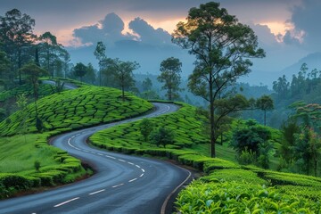 Lush green tea plantations line a winding road with a dramatic sunrise and misty mountains - Powered by Adobe