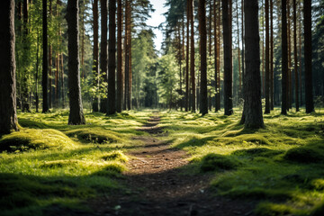 Path in the pine forest in the morning. Vintage style toned picture