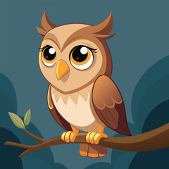 Cartoon owl sitting on a branch on a blue background with trees and sky in the background