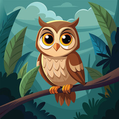Cartoon owl sitting on a branch on a blue background with trees and sky in the background