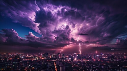 Spectacular cityscape illuminated by mesmerizing purple glow during intense lightning storm