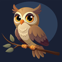 Cartoon owl sitting on a branch on a blue background with trees and sky in the background