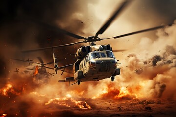 Military helicopter in fire. Fire and smoke on the background. 3d rendering