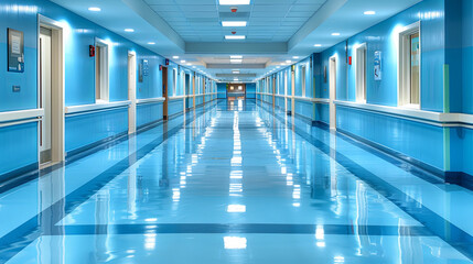 A long hallway with blue walls and a shiny floor
