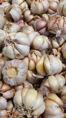 Close up pile of fresh garlic placed together in local market as a background.