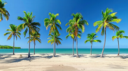 A beautiful beach with palm trees and a blue ocean