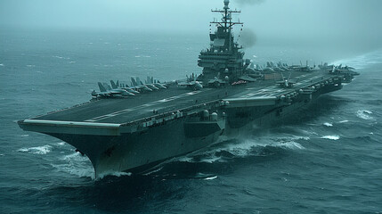 A large Navy ship is sailing through the ocean