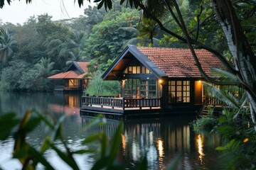 Fototapeta premium charming bungalow surrounded by tranquil waters