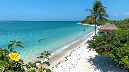 Naklejka premium A beautiful beach with a palm tree in the background