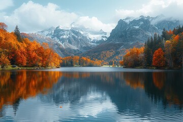 Vivid autumn colors reflect in the still waters of a mountain lake, with majestic snow peaks rising against a dynamic sky